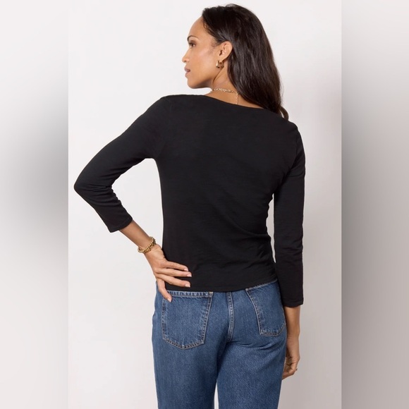 NATION LTD Jet Black Mikaela Top Sweetheart Neckline Shirring 3/4 Sleeves Shirt - Picture 10 of 12